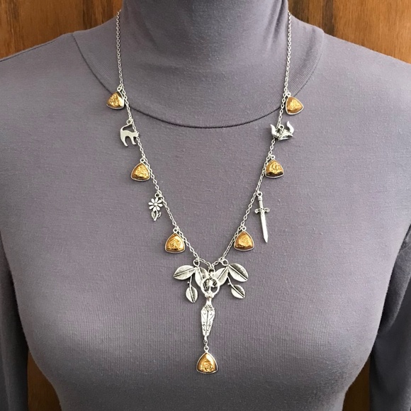 Freya Norse Mythology Goddess Handmade Viking Necklace, Sword, Gold Druzy Drops - Picture 9 of 16